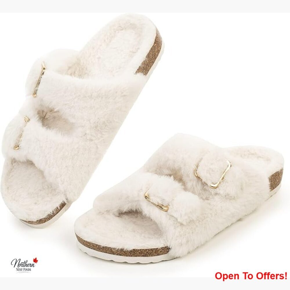 Faux Fur Slides with Cork Footbed, Adjustable Double Strap Sandals